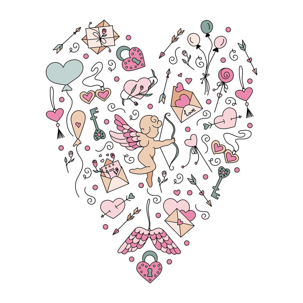 Heart shape hand-drawn element from cupid, heart, arrows, roses and wings. Valentine's Day elements in heart shape perfect for card design. Doodles vector illustration for Happy Valentine's day.