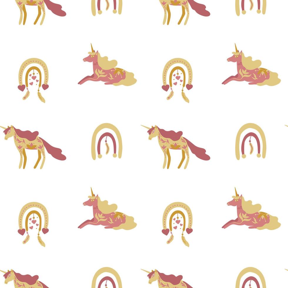 Seamless pattern with unicorns and rainbows on white in boho style. Magical kids background for wrapping paper, printing on the fabric. Vector illustration.