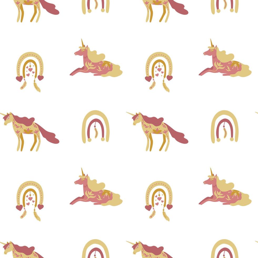 Seamless pattern with unicorns and rainbows on white in boho style. Magical kids background for wrapping paper, printing on the fabric. Vector illustration.