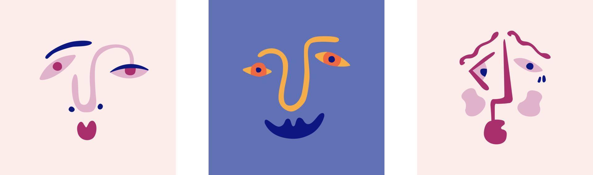 Set of vector illustrations portraits, surreal faces. Abstract shapes, silhouettes of faces. Collecton of posters with modern faces