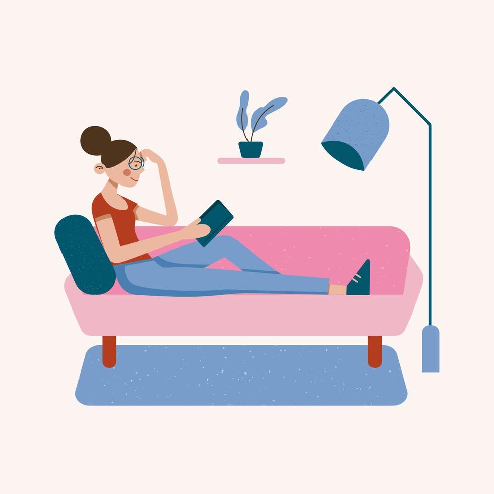 Vector cartoon illustration of girl reading book on couch at home. Relax or studying. Education concept