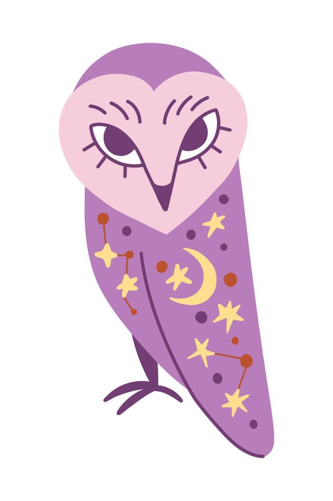 Owl purple hand drawn vector illustration. Mystic owl illustration with stars for kids