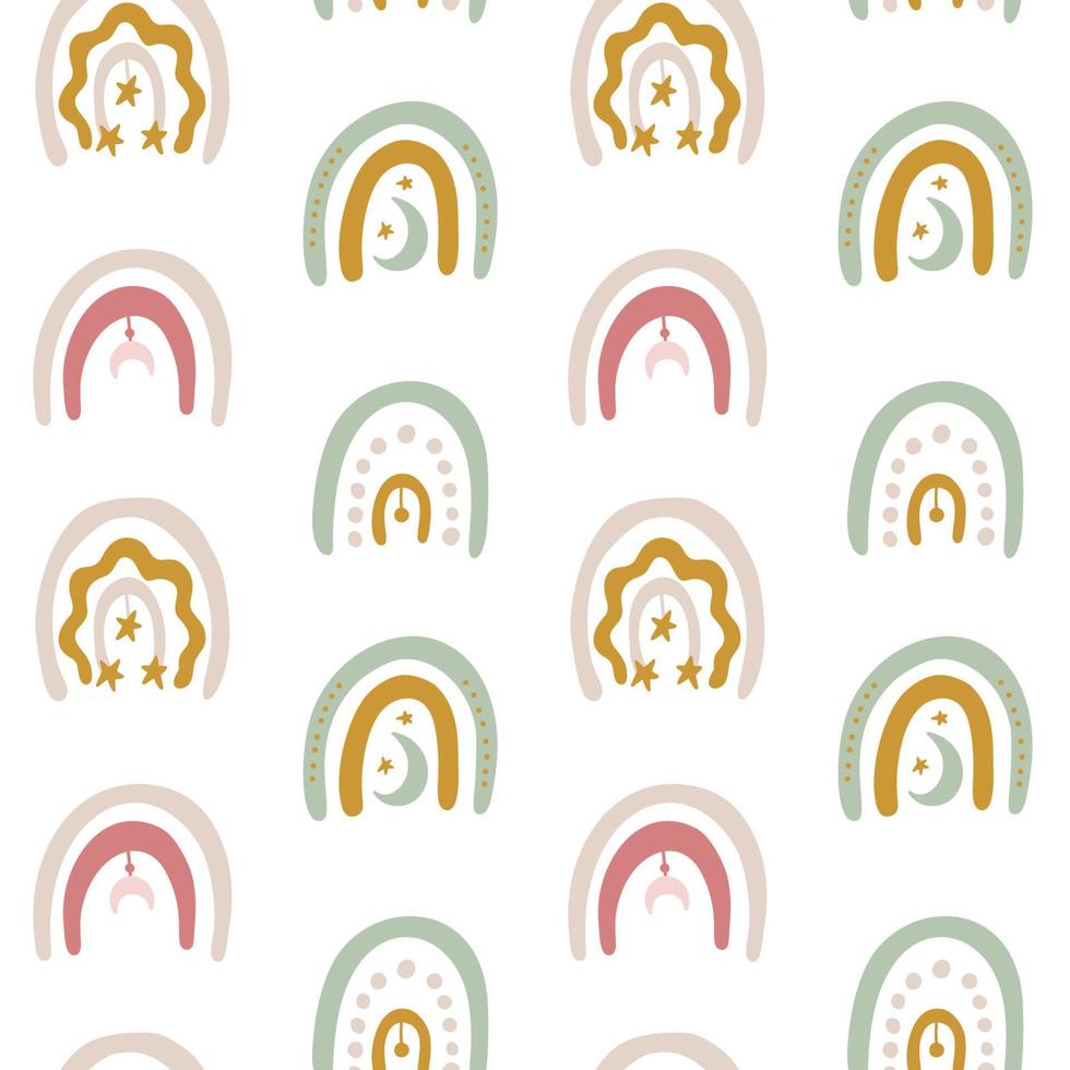 patrón impecable con arco iris en blanco al estilo boho. Fondo de niños mágicos para envolver papel, imprimir en la tela. ilustración vectorial vector