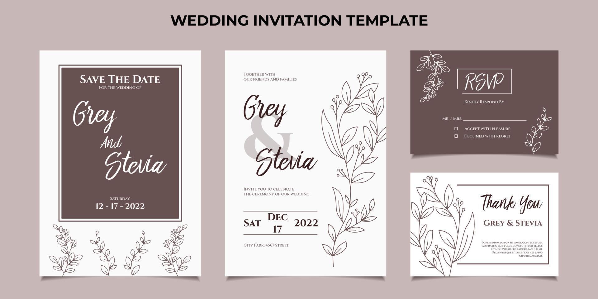 Minimal Wedding Invitation template with floral frame line art hand drawn leaf and flower vector
