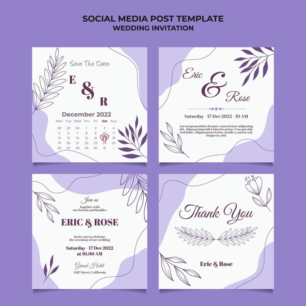 Minimal Wedding Invitation social media post template with floral frame line art hand drawn leaf and flower vector