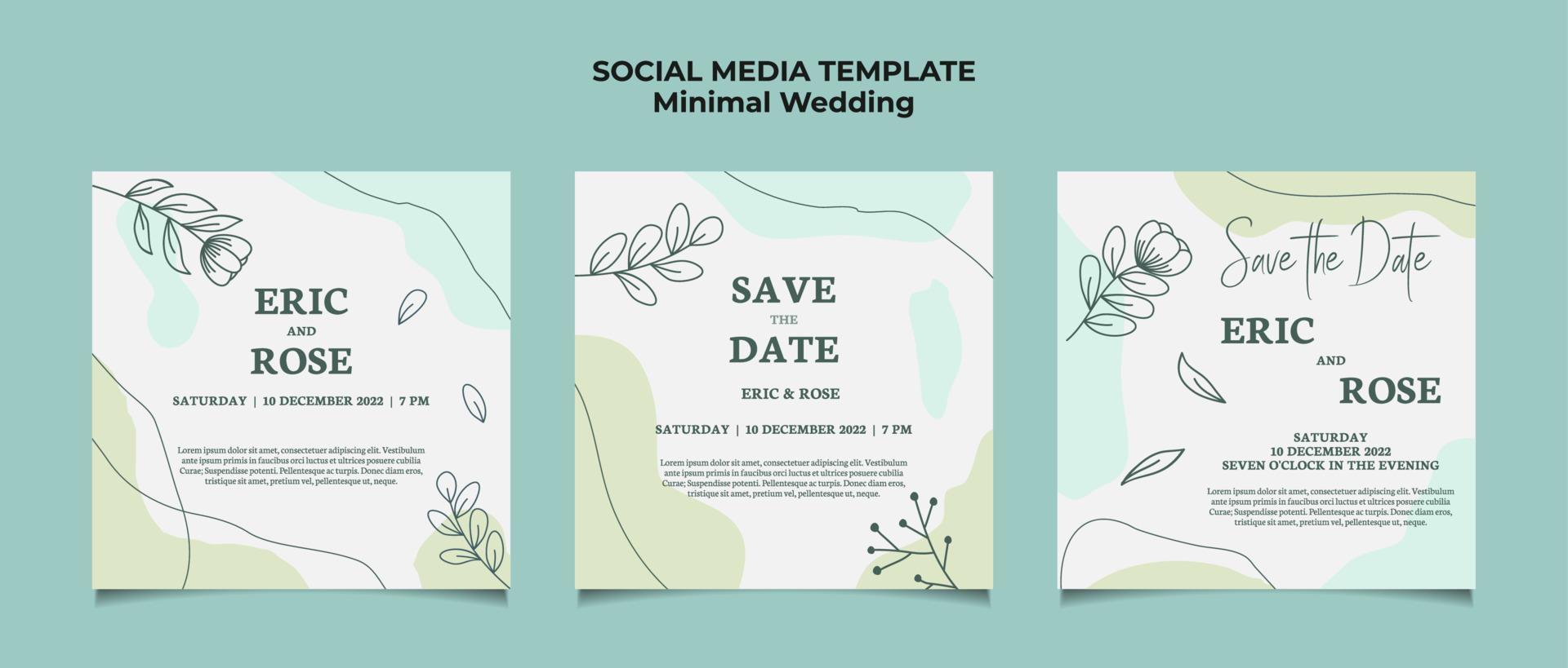 invitación de boda mínima plantilla de publicación en redes sociales con marco floral línea arte dibujado a mano hoja y flor vector