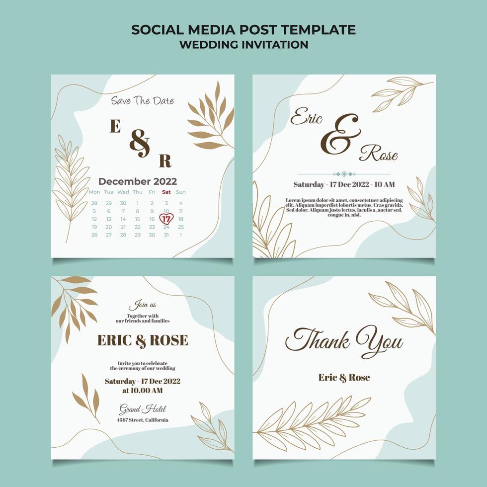 Minimal Wedding Invitation social media post template with floral frame line art hand drawn leaf and flower vector