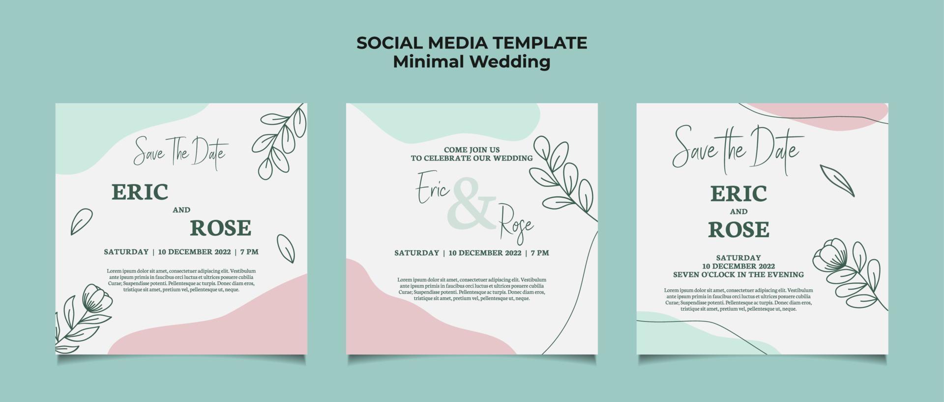 Minimal Wedding Invitation social media post template with floral frame line art hand drawn leaf and flower vector