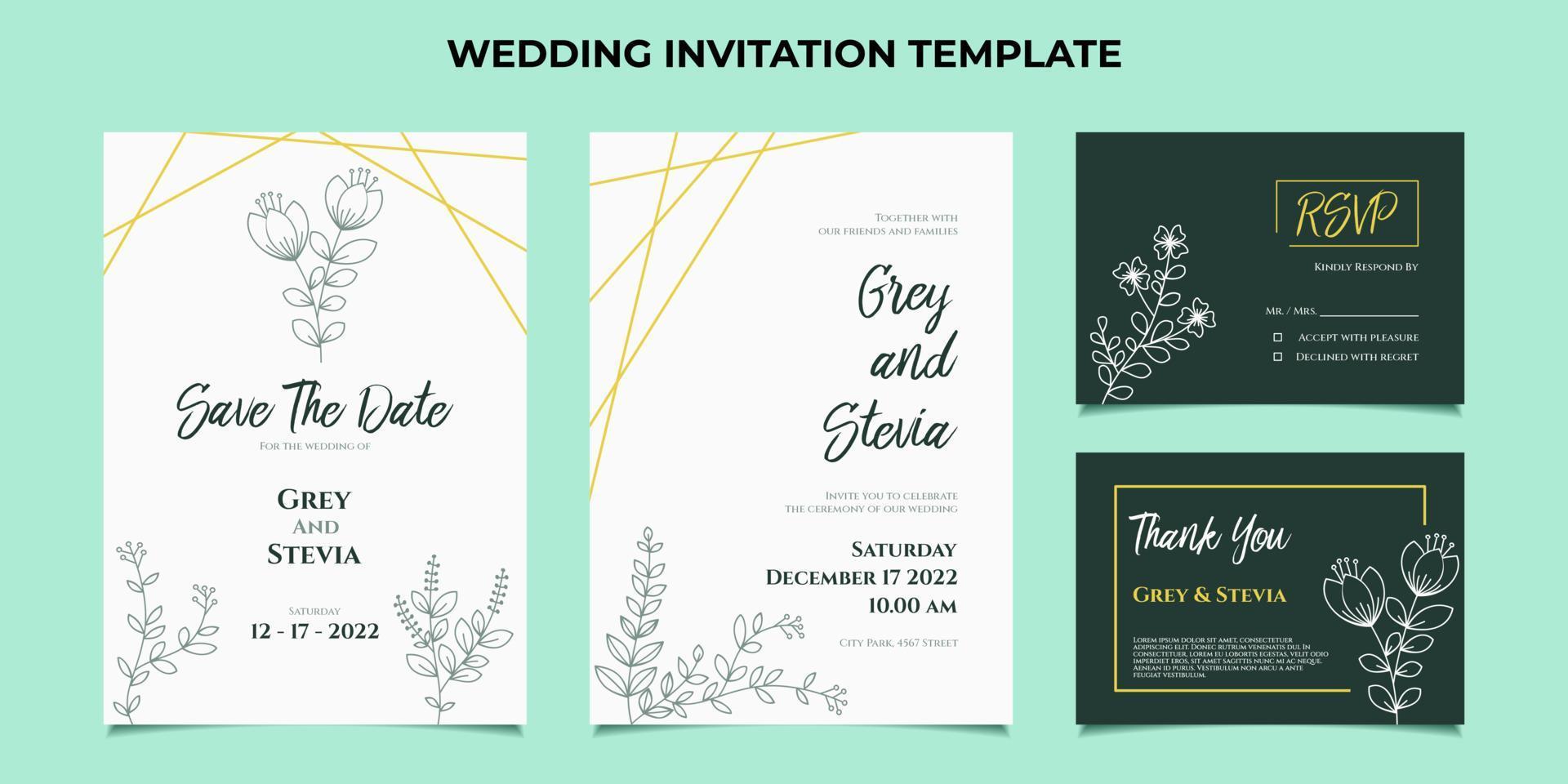 Minimal Wedding Invitation template with floral frame line art hand drawn leaf and flower vector