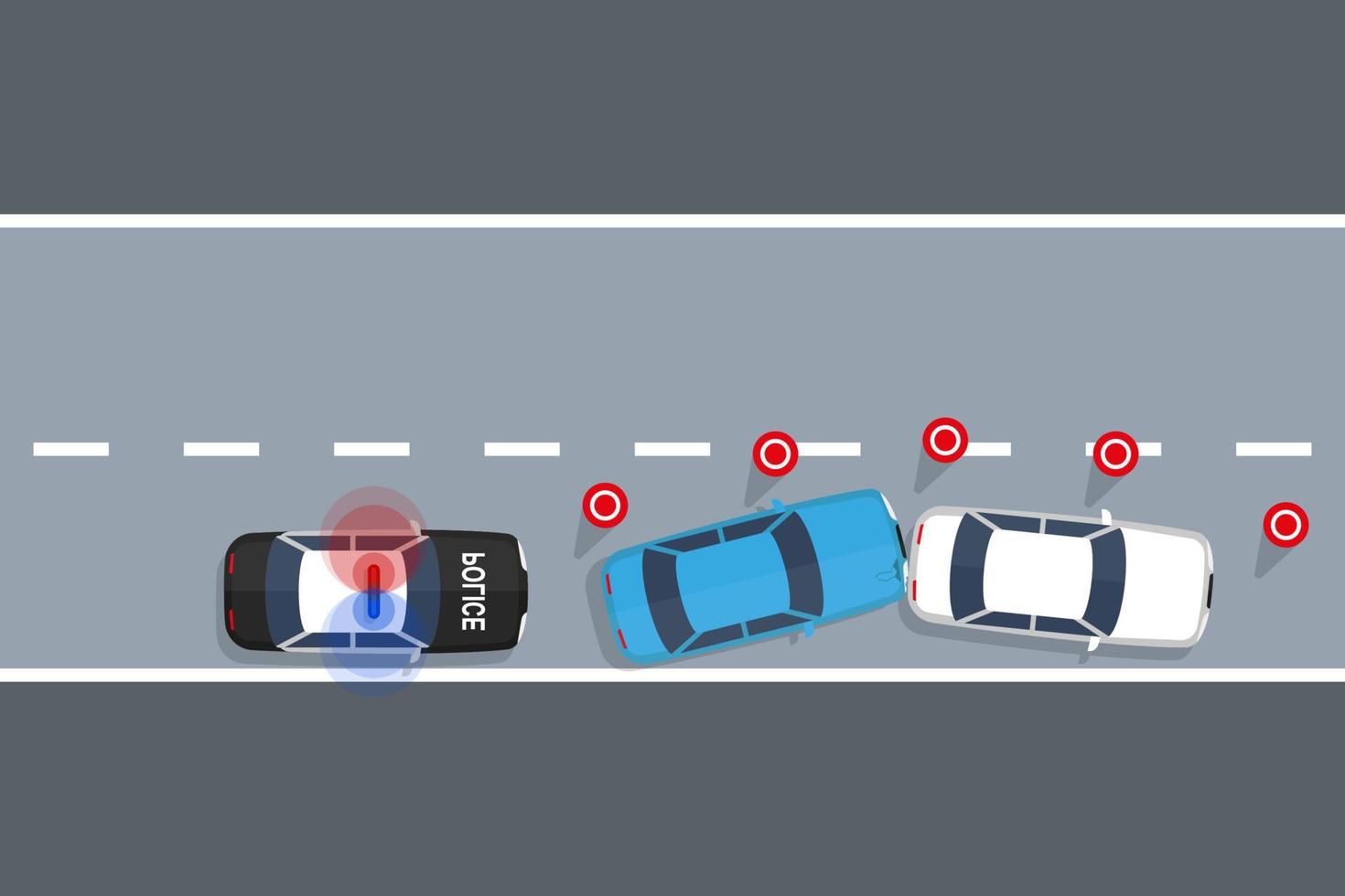 Accident of two cars on the road, a traffic police officer at the scene of an accident. Vector in flat design from above.