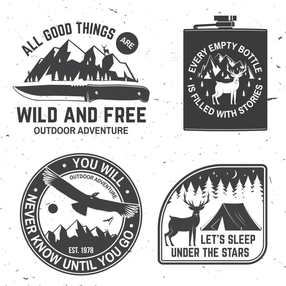 Set of outdoor adventure quotes symbol. Vector. Concept for shirt or logo, print, stamp or tee. Vintage design with knife, mountains, deer, condor, tent and forest silhouette vector