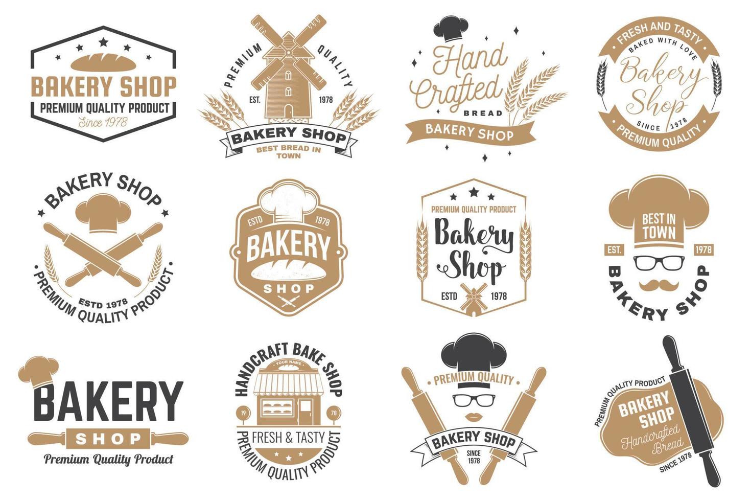 Set of Bakery shop badge. Vector Concept for badge, shirt, label, print, stamp, tee. Design with windmill, rolling pin, dough, wheat ears silhouette. For restaurant identity objects, packaging, menu