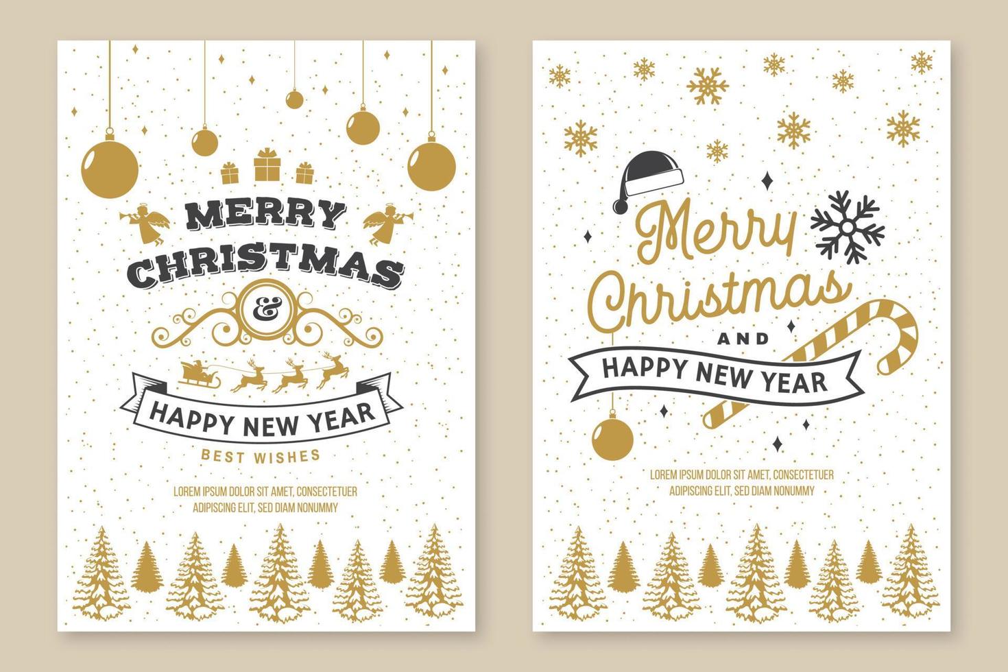 Set of Merry Christmas and 2020 Happy New Year poster, greeting cards. Set quotes with christmas angel, snowflakes, santa hat, sweet candy. Vector. Design for xmas, new year emblem retro style. vector