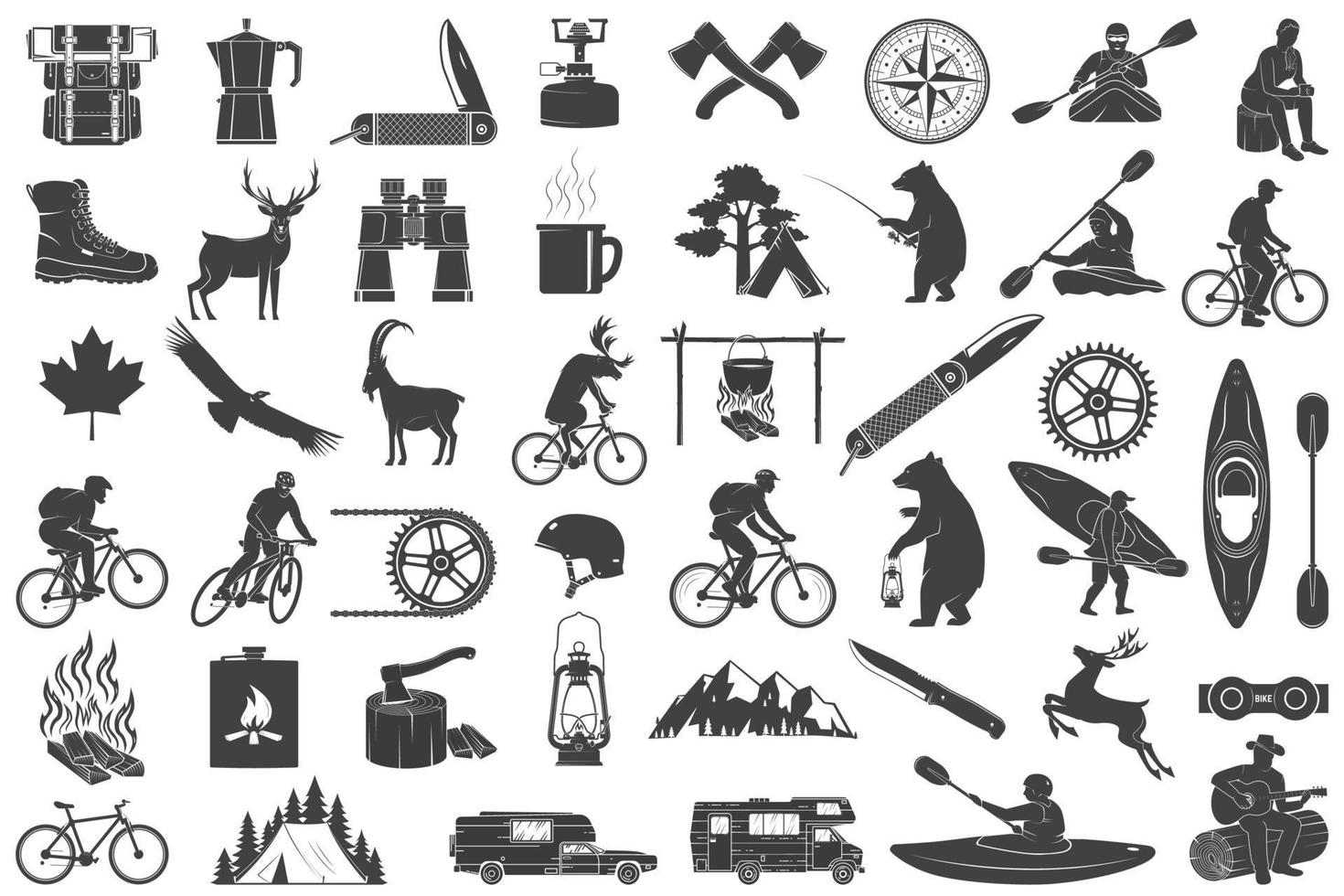 Set of Hiking and Camping icons isolated on the white. Vector. Set include fishing bear, mountains, knife, tent, cup, coffee, goat, gas stove, water sports equipment, forest silhouette vector