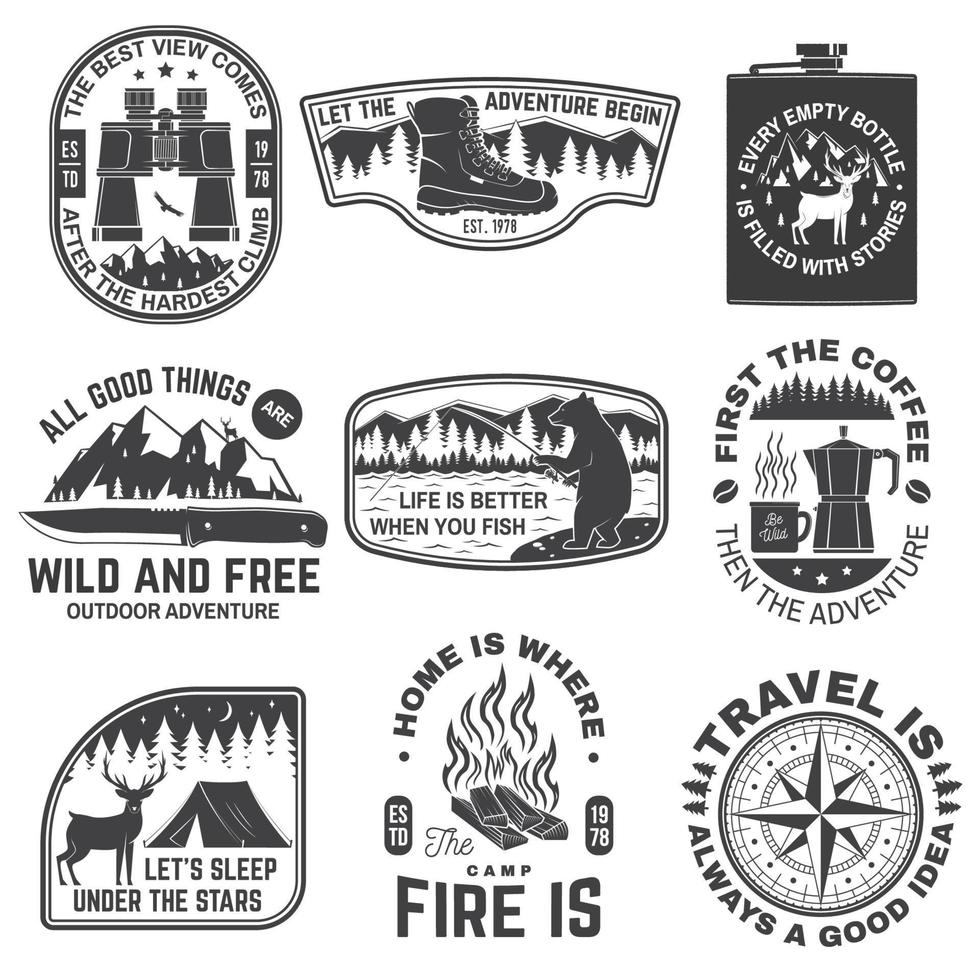 Set of outdoor adventure quotes symbol. Concept for shirt or logo, print, stamp or tee. Vintage design with hiking boots, binoculars, mountains, fishing bear, deer, tent and forest silhouette vector