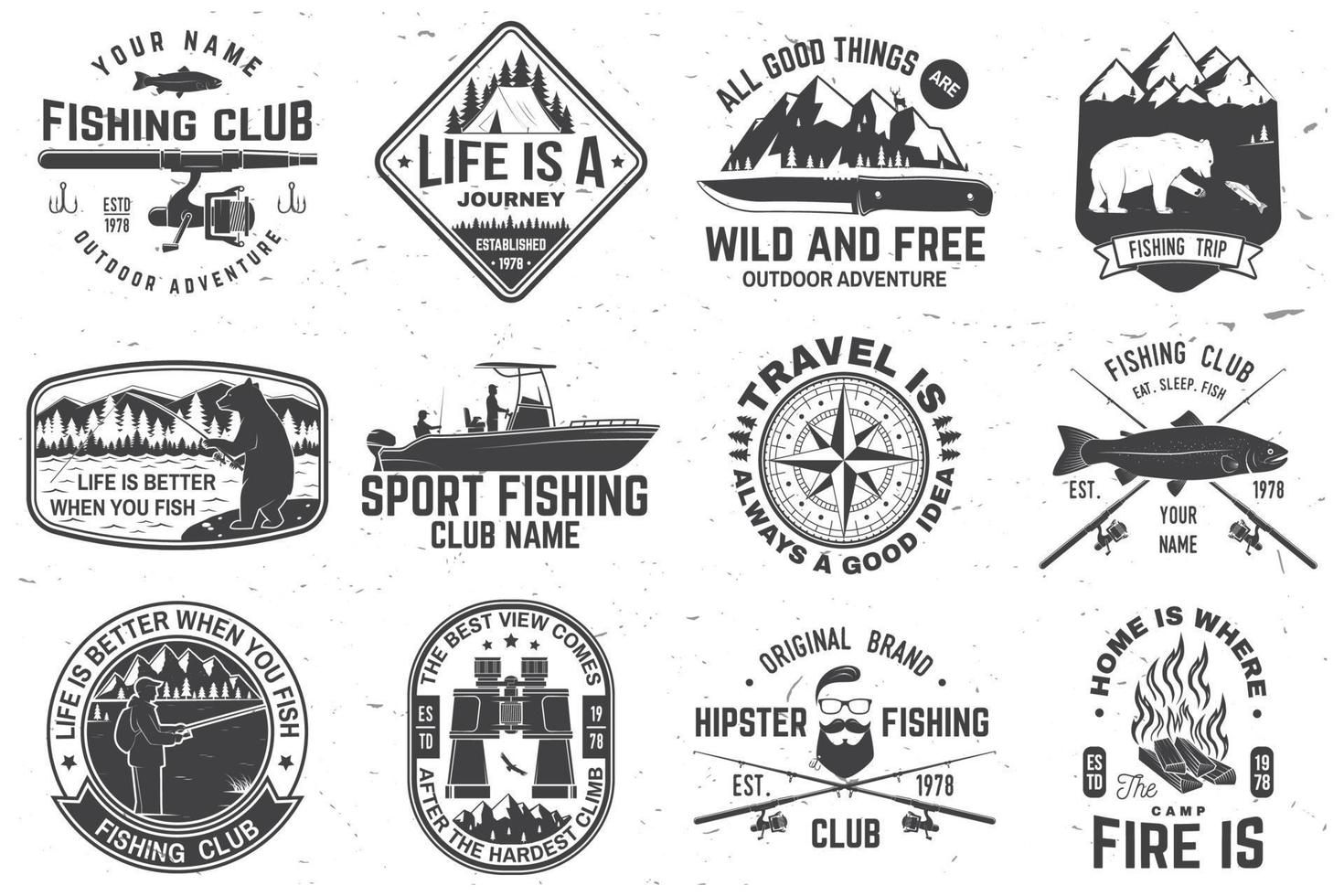 Set of outdoor adventure patches with inspirational quotes, fishing club badges. Vector. Concept for shirt or print, stamp or tee. Vintage design with rv trailer, camping tent, fish rod, bear. vector