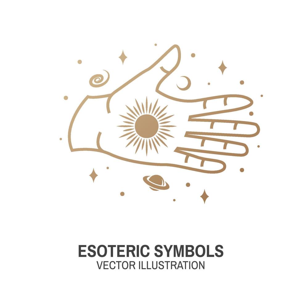 Esoteric symbols. Vector. Thin line geometric badge. Outline icon for alchemy or sacred geometry. Mystic and magic design with hand, stars, planets and moon. vector