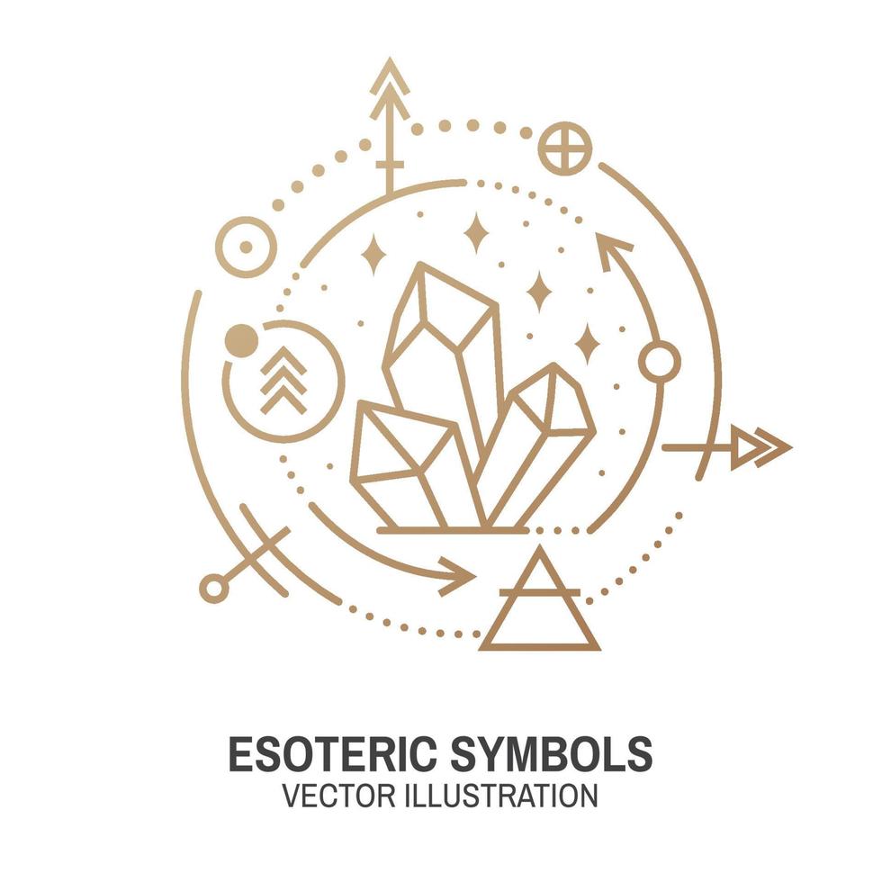 Esoteric symbols. Vector. Thin line geometric badge. Outline icon for alchemy or sacred geometry. Mystic and magic design with alchemy symbols and crystals. vector