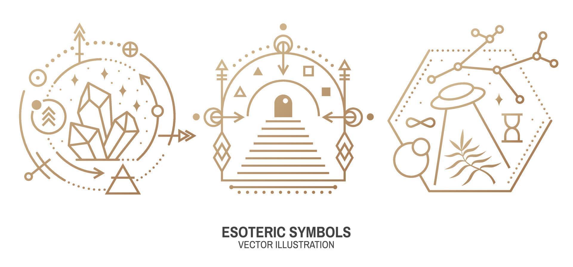 Esoteric symbols. Vector. Thin line geometric badge. Outline icon for alchemy, sacred geometry. Mystic and magic design with crystals, sun, ufo flying, stars, gate to another world and moon. vector