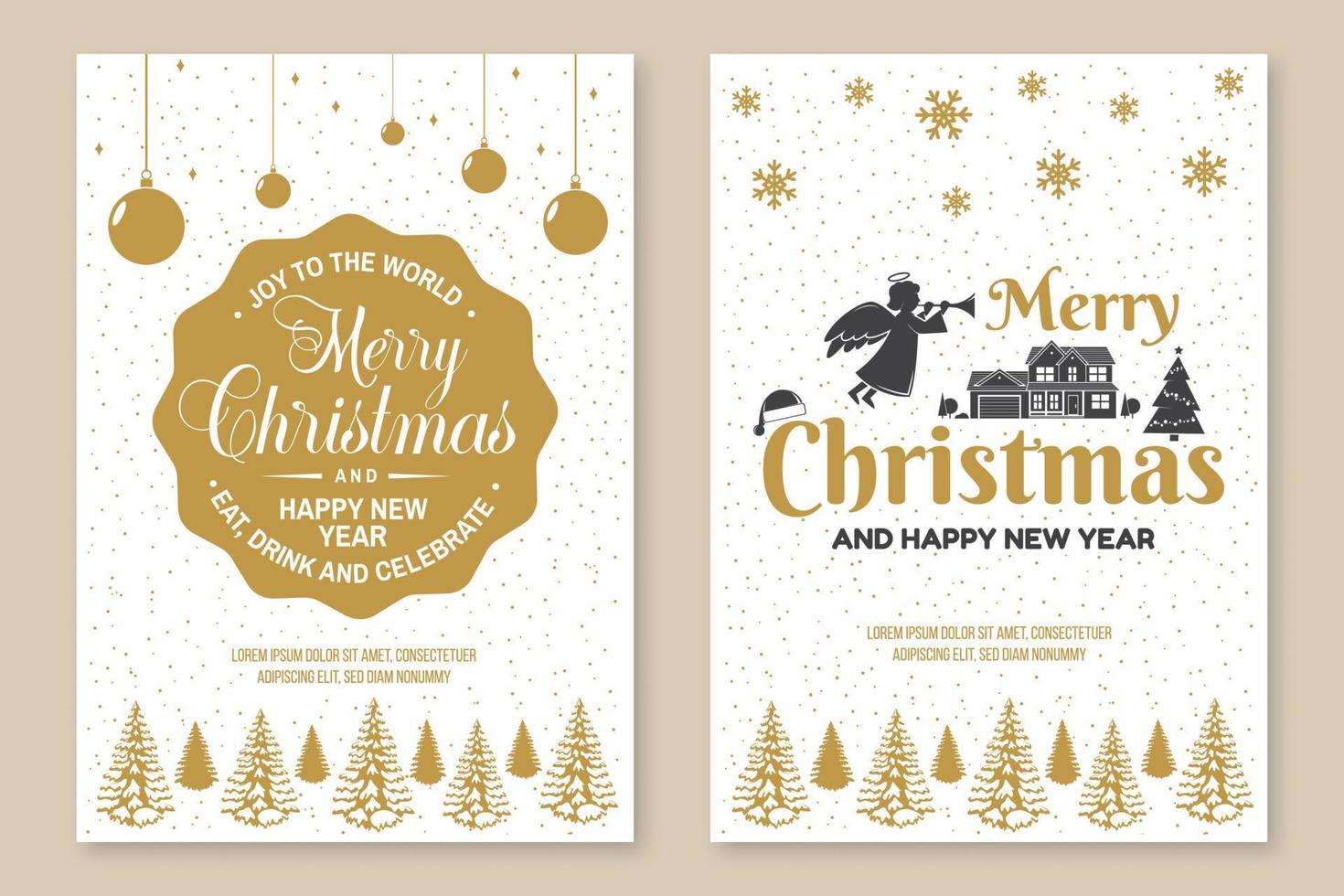 Set of Merry Christmas and 2020 Happy New Year poster, greeting cards. Set quotes with christmas angel, snowflakes, santa hat. Vector. Design for xmas, new year emblem retro style. vector