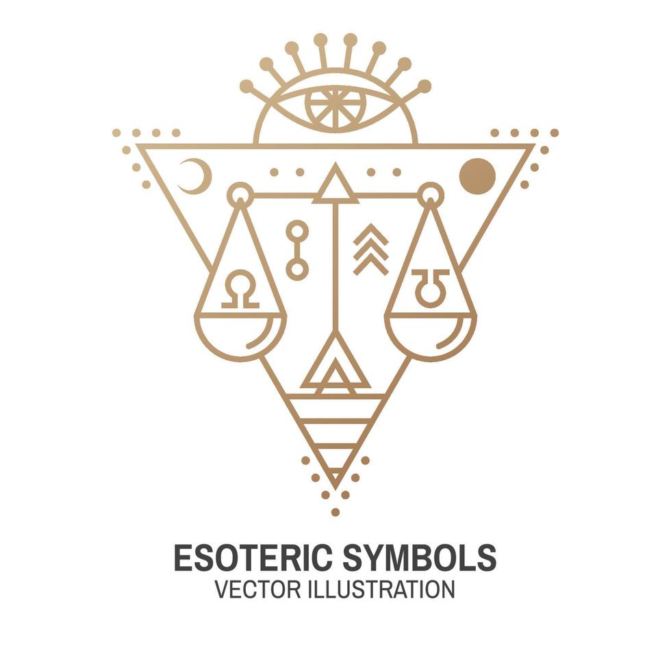 Esoteric symbols. Vector. Thin line geometric badge. Outline icon for alchemy or sacred geometry. Mystic and magic design with all-seeing eye and law scale. vector