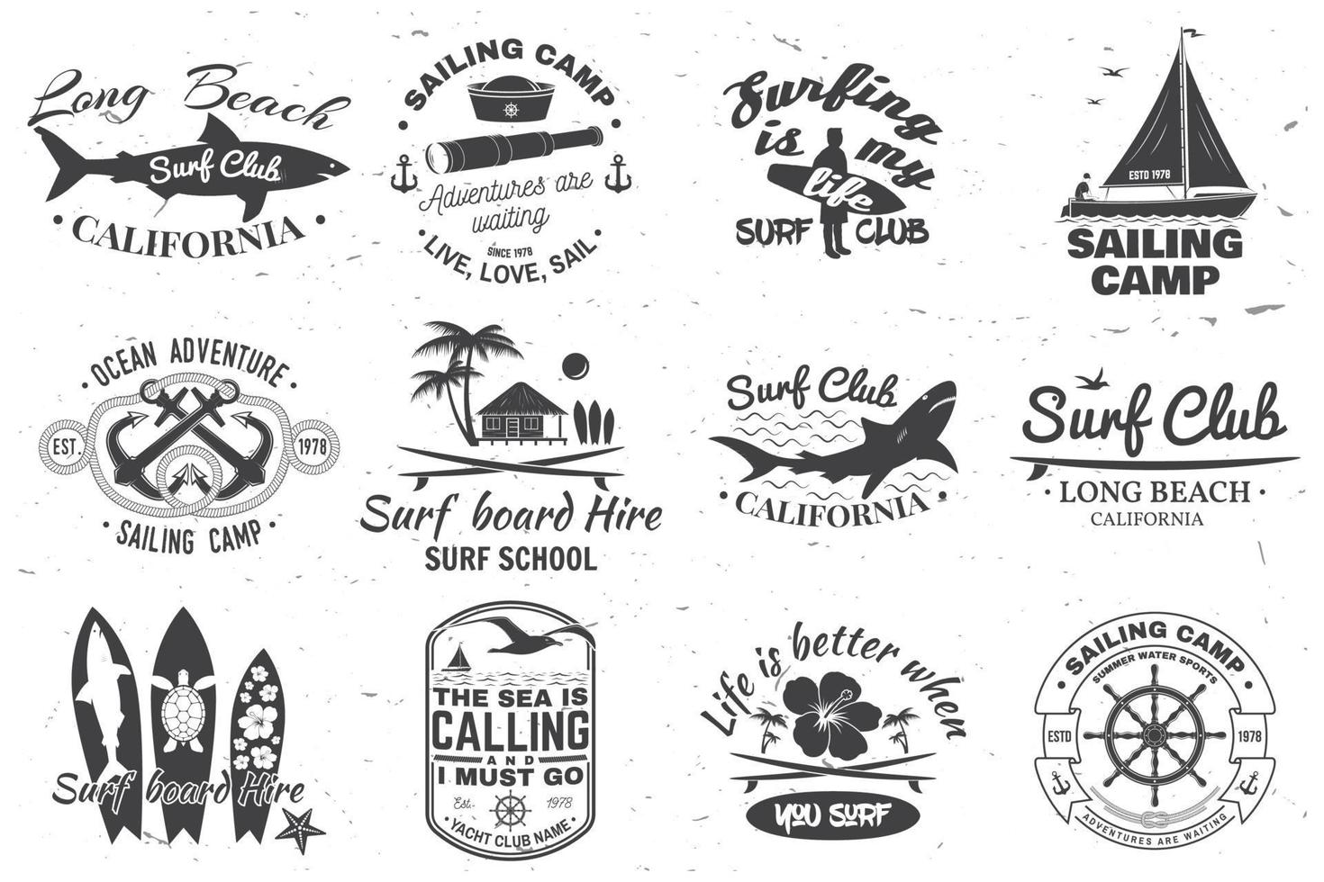 conjunto de insignias de campamento de vela, club náutico y club de surf. vector. concepto para camisa, estampado, sello. diseño de tipografía vintage con tabla de surf y silueta de velero. deporte acuático extremo. vector