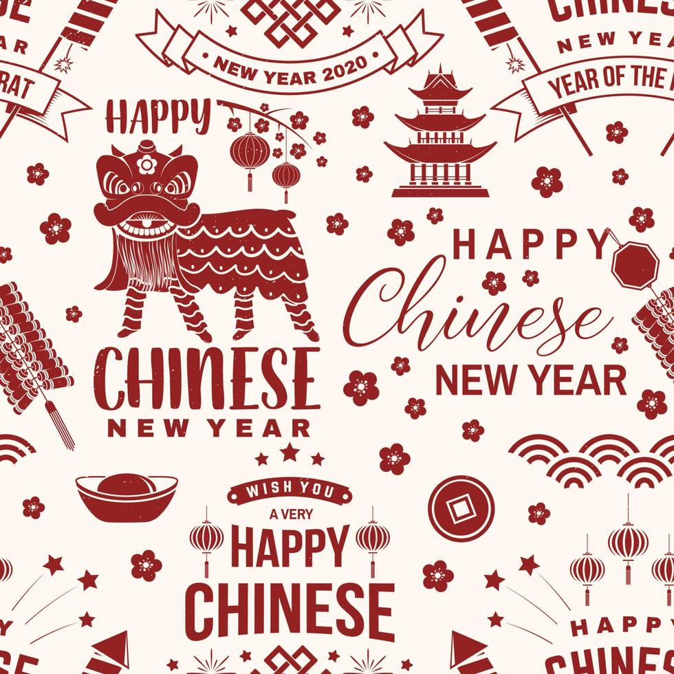 Happy Chinese New Year 2020 seamless pattern or background. Vector. Chinese New Year seamless pattern with with firework, firecracker, lion, sakura silhouette. vector