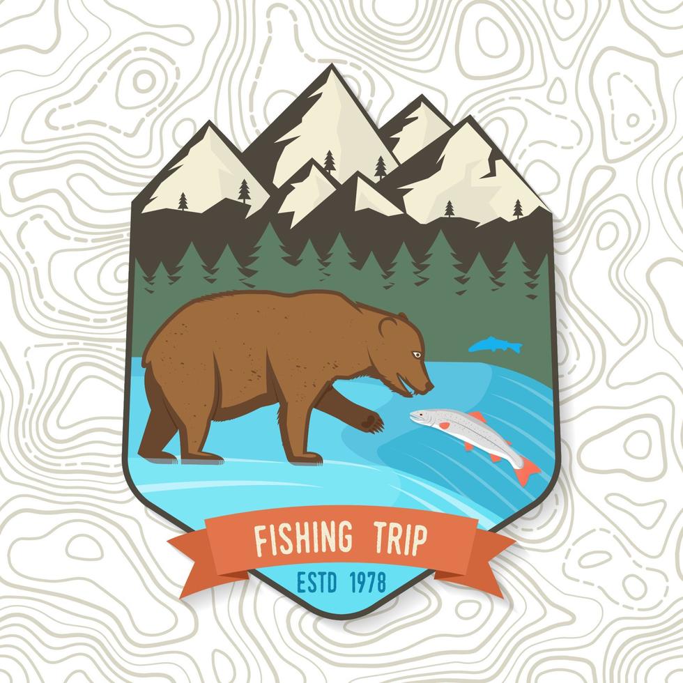 parche de viaje de pesca. vector. concepto de camiseta o logotipo, estampado, sello, parche o camiseta. diseño de tipografía vintage con silueta de oso y salmón. vector