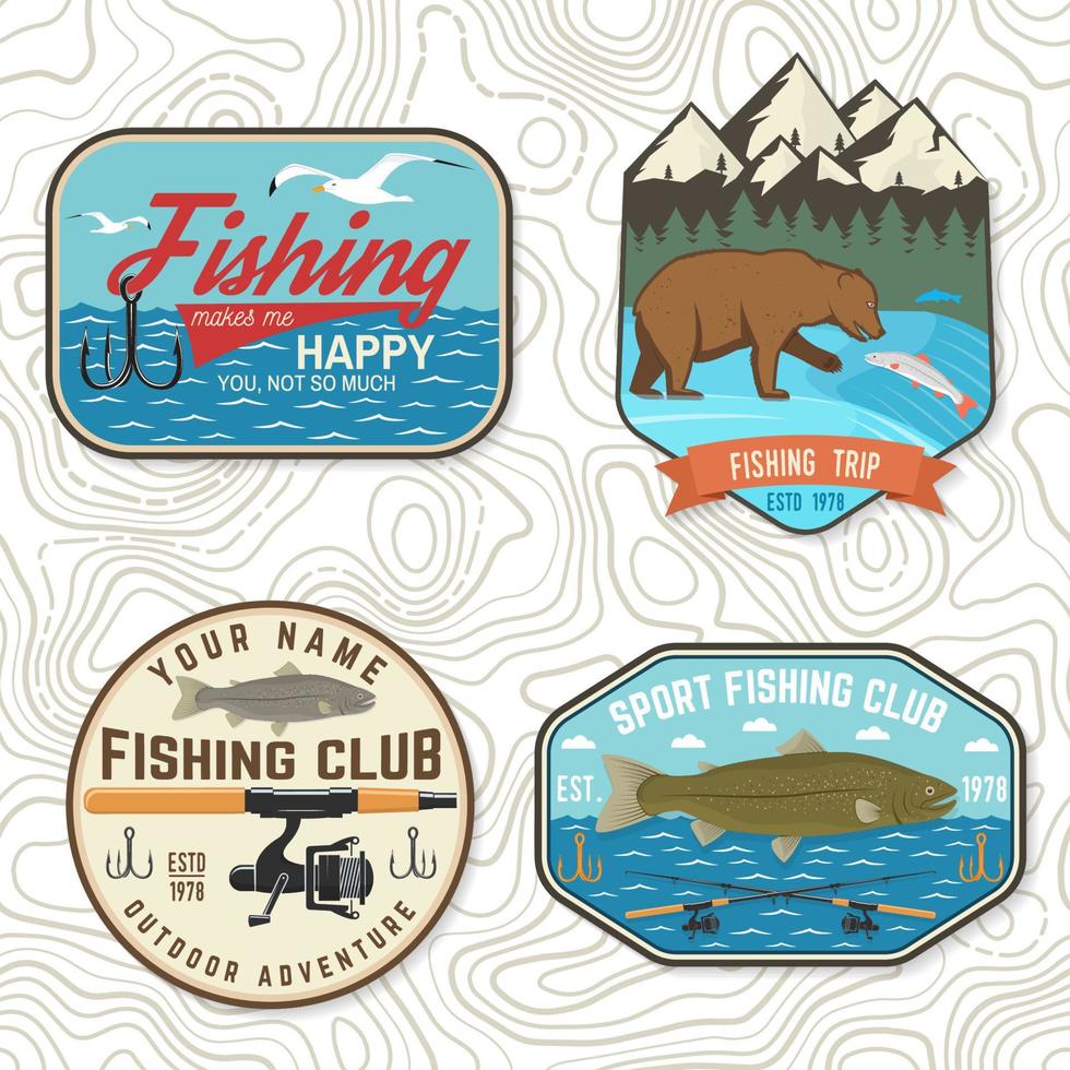 Set of fishing patch. Vector. Concept for shirt or logo, print, stamp, tee, patch. Vintage typography design with river, rainbow trout, bear and mountain silhouette. vector