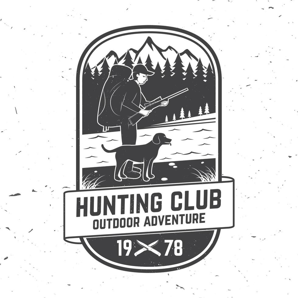 Set of Hunting club badge. Vector Concept for shirt, label, print, stamp. Vintage typography design with hunter, dog, hunting gun, mountains and forest. Outdoor adventure hunt club emblem