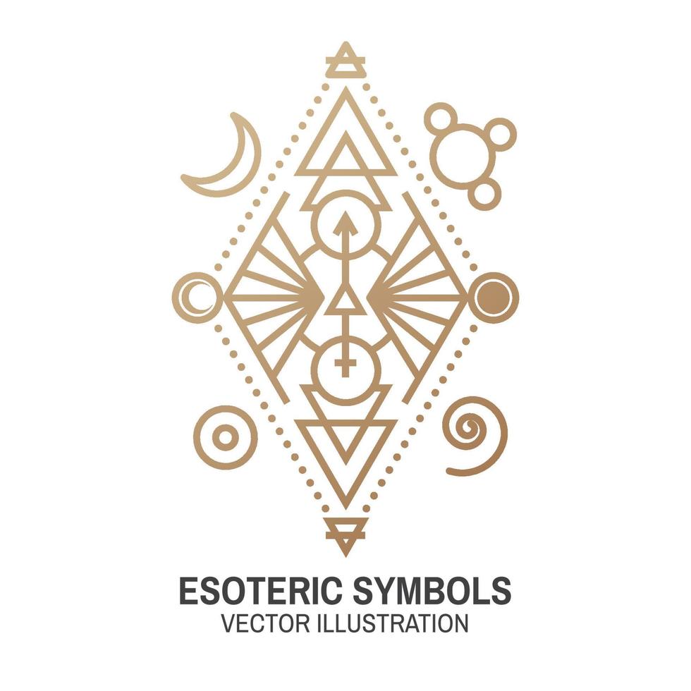 Esoteric symbols. Vector. Thin line geometric badge. Outline icon for alchemy or sacred geometry. Mystic and magic design with alchemy symbols. vector