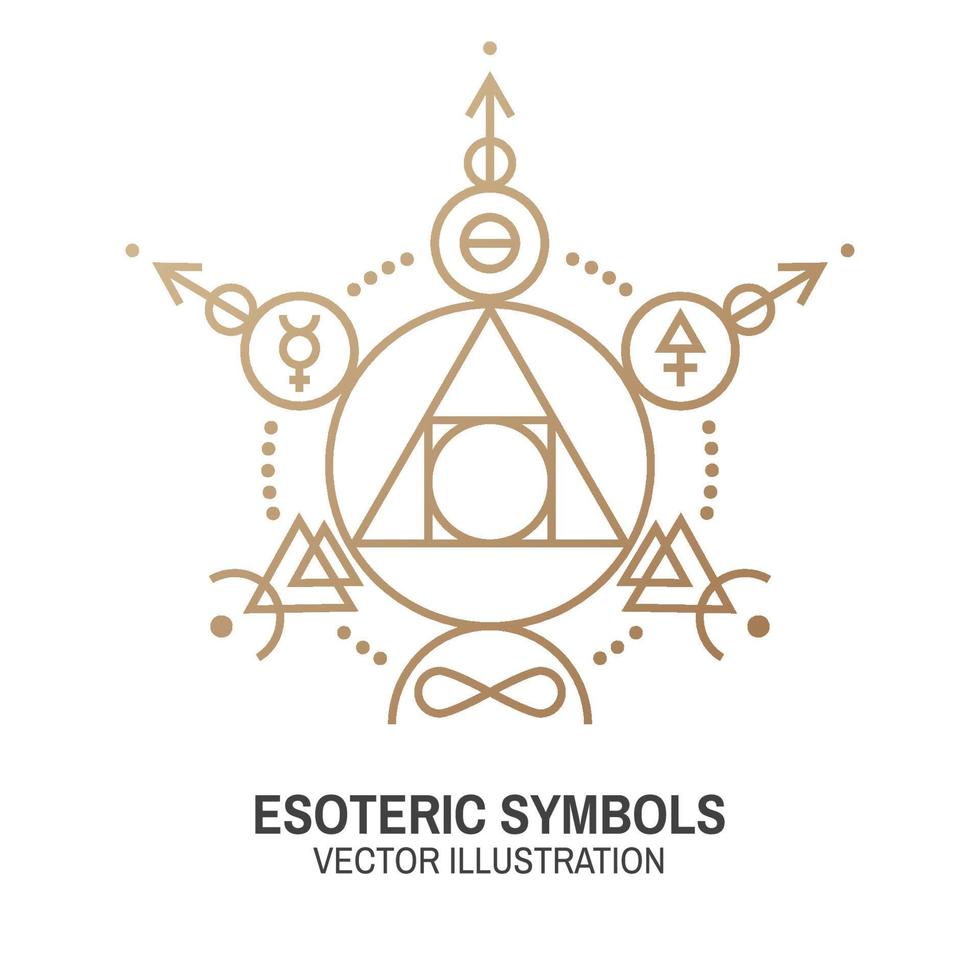 Esoteric symbols. Vector. Thin line geometric badge. Outline icon for alchemy or sacred geometry. Mystic and magic design with philosopher stone. vector