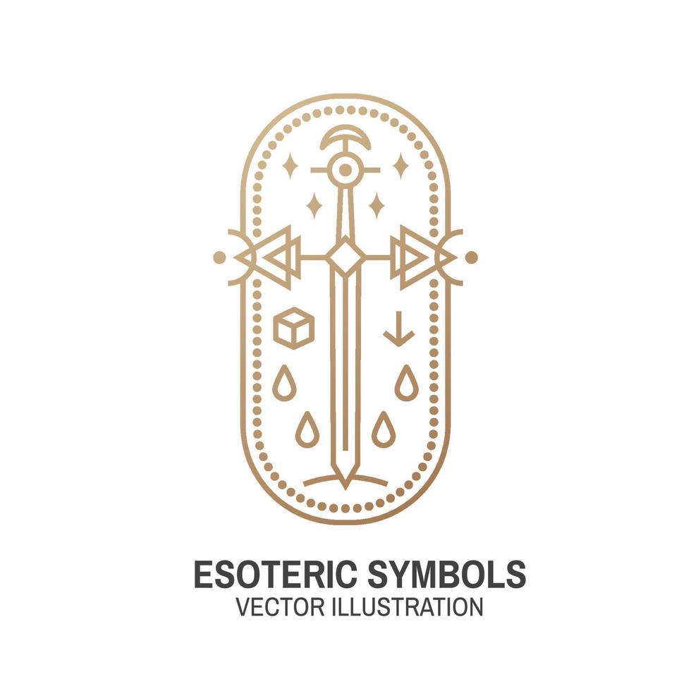 Esoteric symbols. Vector. Thin line geometric badge. Outline icon for alchemy or sacred geometry. Mystic and magic design with Old sword. vector