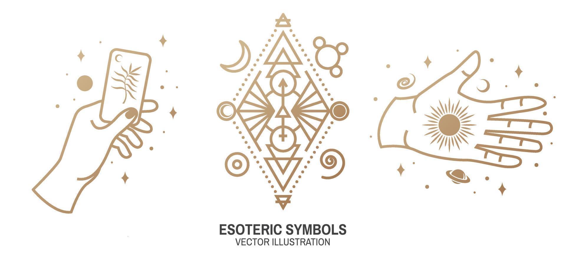 Esoteric symbols. Vector. Thin line geometric badge. Outline icon for alchemy or sacred geometry. Mystic and magic design with magic card, sun, hand, stars, planets and moon. vector