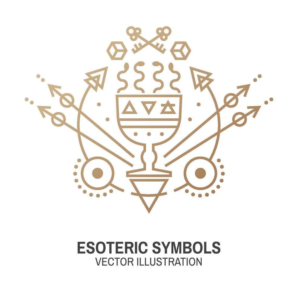 Esoteric symbols. Vector. Thin line geometric badge. Outline icon for alchemy or sacred geometry. Mystic and magic design with cup and snakes. vector