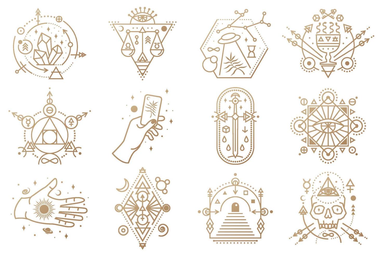 Esoteric symbols. Vector. Thin line geometric badge. Outline icon for alchemy, sacred geometry. Mystic and magic design with crystals, sun, ufo flying, stars, gate to another world and moon. vector