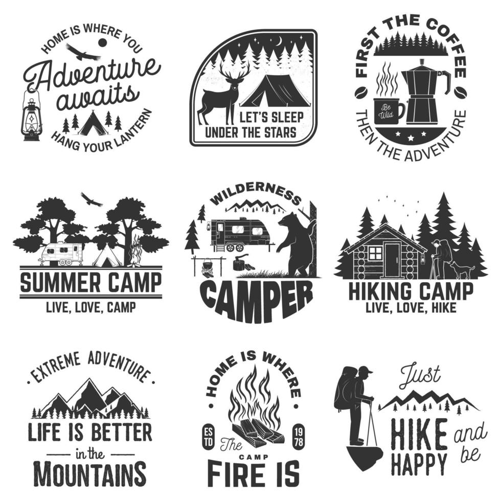 Set of outdoor adventure quotes symbol. Concept for shirt or logo, print, stamp or tee. Vintage design with hiker, campfire, lantern, coffee, mountains, bear, deer, tent and forest silhouette vector