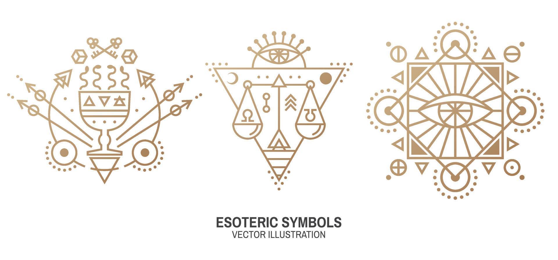 símbolos esotéricos. vector. insignia geométrica de línea delgada. icono de contorno para alquimia o geometría sagrada. diseño místico y mágico con ojo que todo lo ve, copa y serpientes, escala de ley. vector