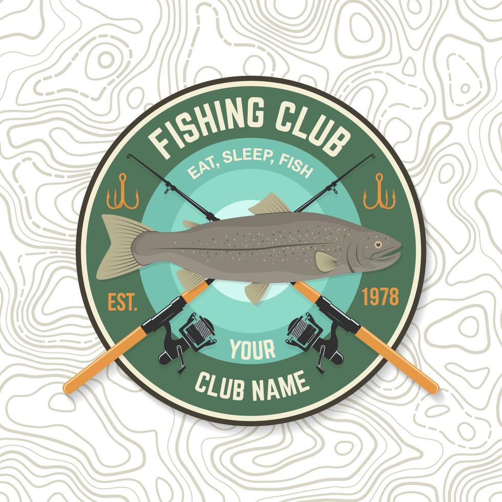 Fishing sport club patch. Vector. Concept for shirt or logo, print, stamp, tee, sticker, patch. Vintage typography design with fish rod and rainbow trout silhouette. vector