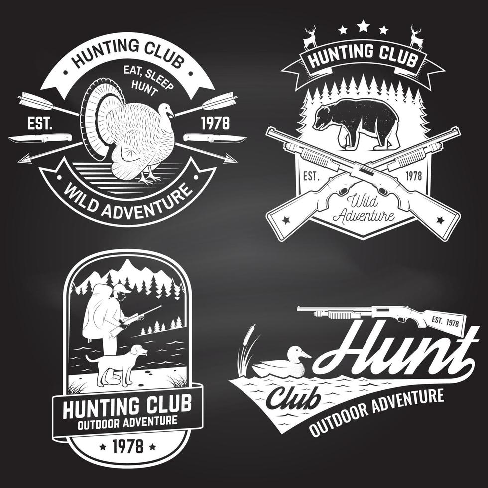 Set of Hunting club badge on the chalkboard. Vector. Concept for shirt, label, print, stamp. Vintage typography design with hunting gun, turkey , hunter, bear, duck, mountains and forest. vector