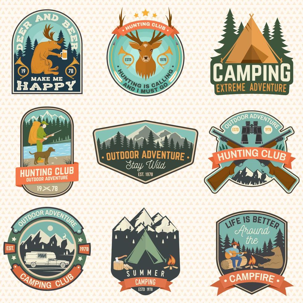 Set of hunting club and hiking club badge. Vector. Concept for shirt, logo, print, stamp. Vintage design with rv trailer, camping tent, boar, deer and forest silhouette vector