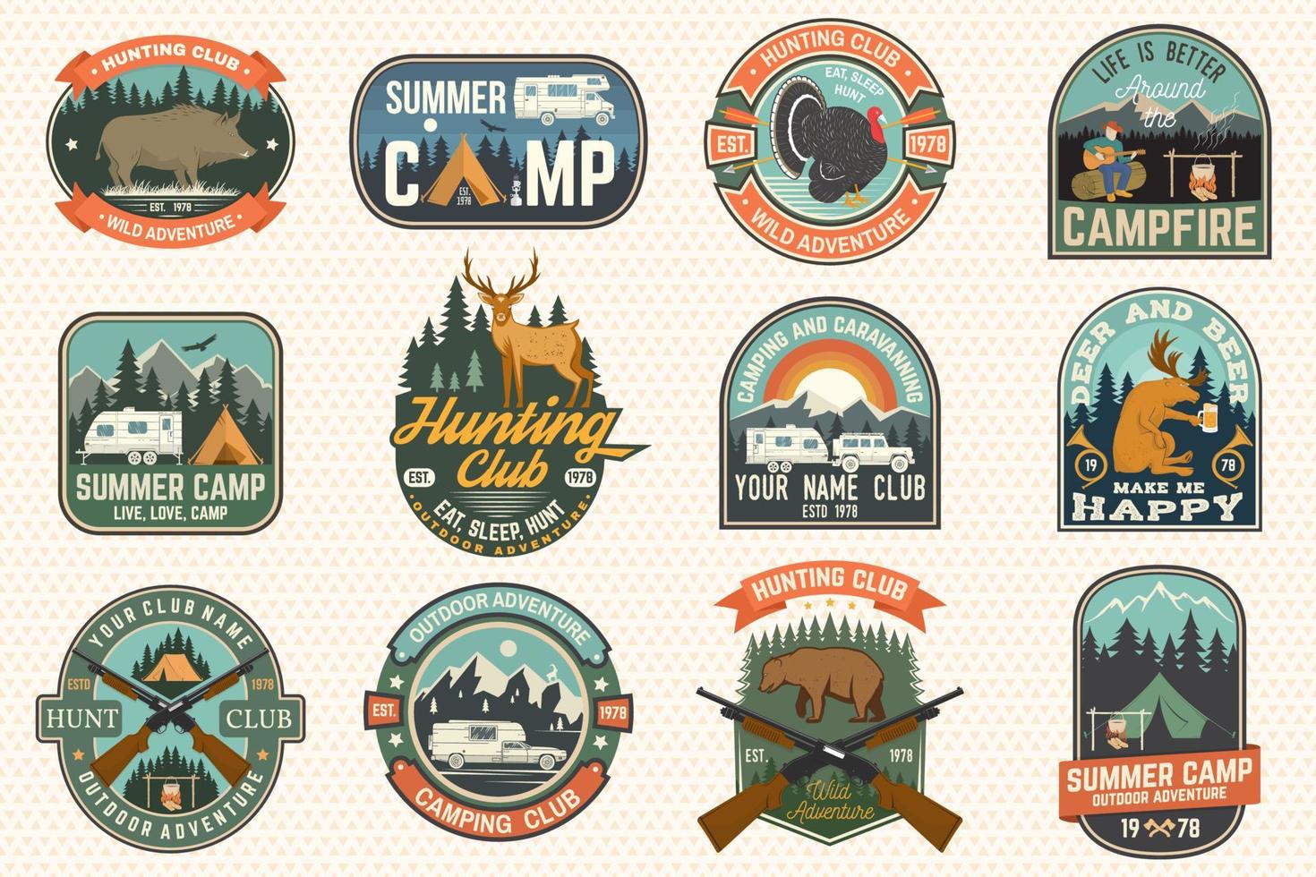 Summer camp and Hunting club patches. Vector. Concept for shirt or logo, print, stamp, patch. Patch design with rv trailer, camping tent, campfire, hunter, man with guitar and forest silhouette vector