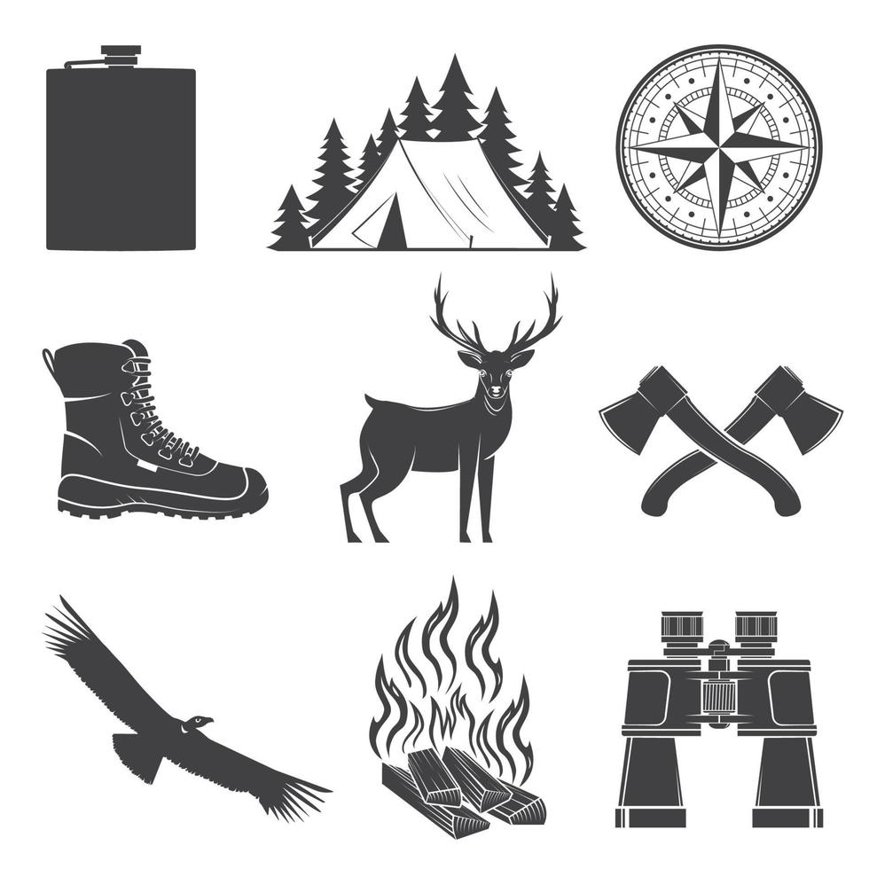 conjunto de iconos de senderismo y camping aislados en el fondo blanco. vector. el conjunto incluye brújula, cóndor, botas, hacha, venado, carpa, fogata, matraz, binoculares silueta del bosque vector