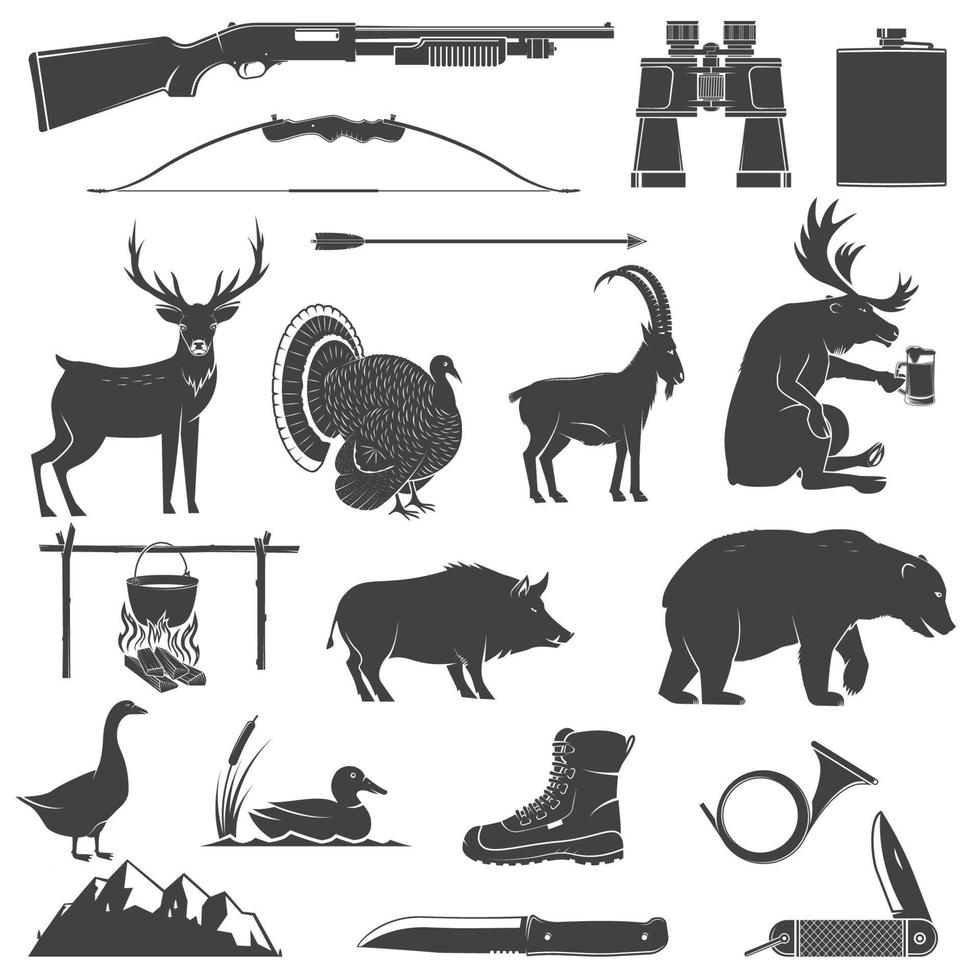 conjunto de equipo de caza y silueta de icono animal. vector. el conjunto incluye ciervos, osos, jabalíes, cabras, pavos, patos, gansos, armas de cazador, cuchillo, montañas aisladas en blanco. vector