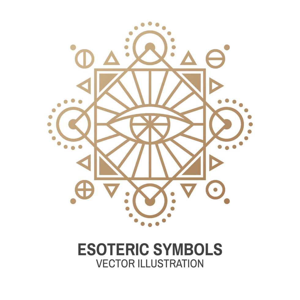 Esoteric symbols. Vector. Thin line geometric badge. Outline icon for alchemy or sacred geometry. Mystic and magic design with all-seeing eye. vector