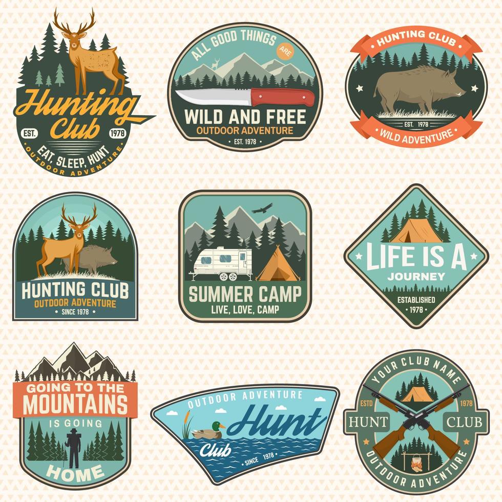 Set of hunting club and hiking club badge. Vector. Concept for shirt, logo, print, stamp. Vintage design with rv trailer, camping tent, boar, deer and forest silhouette vector