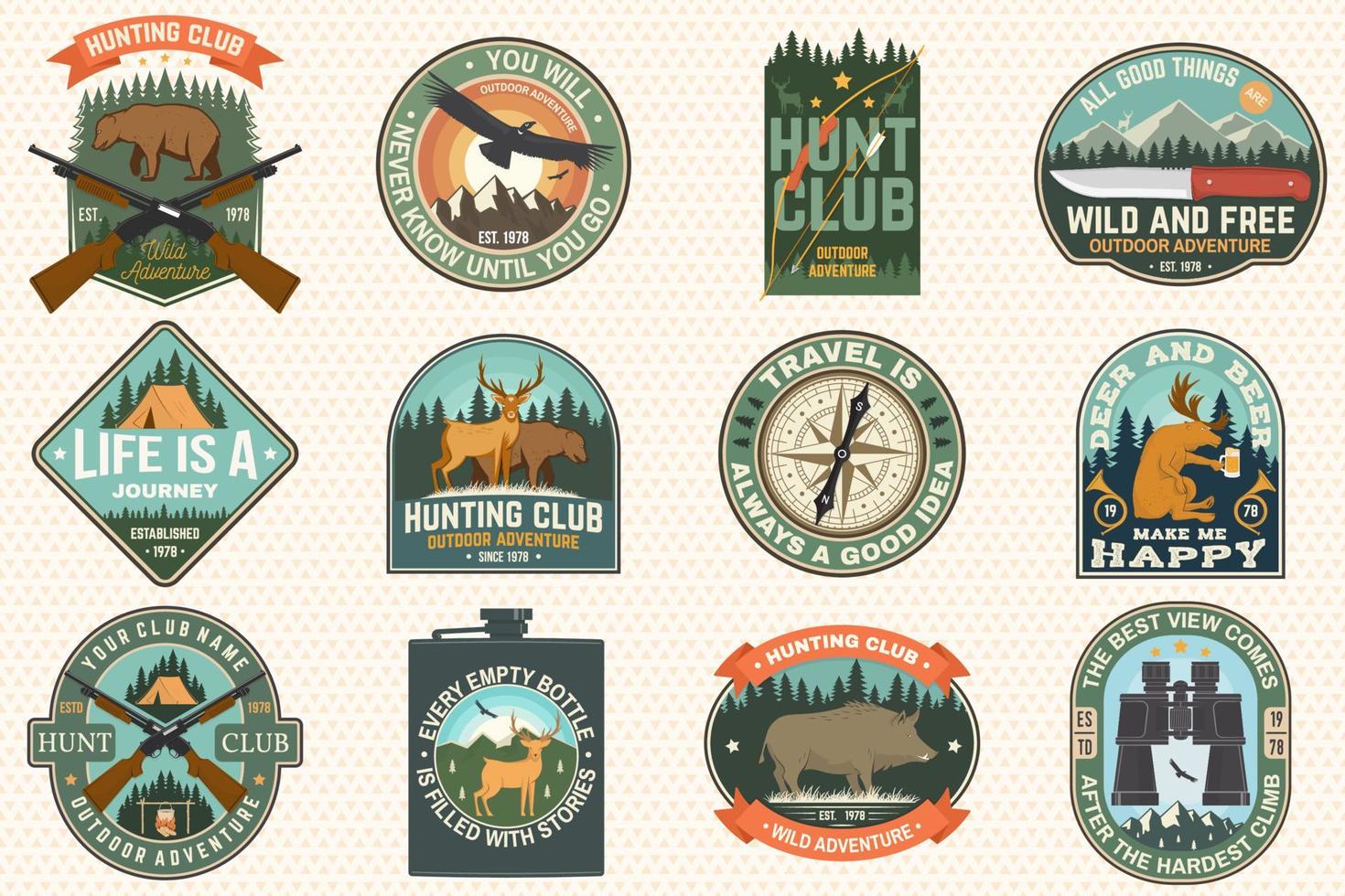 conjunto de citas de aventuras al aire libre y parches del club de caza. concepto vectorial para camisa, logotipo, estampado, parche. diseño de parches con silueta de cuchillo, montañas, ciervos, matraces, cazadores, bosques y montañas vector