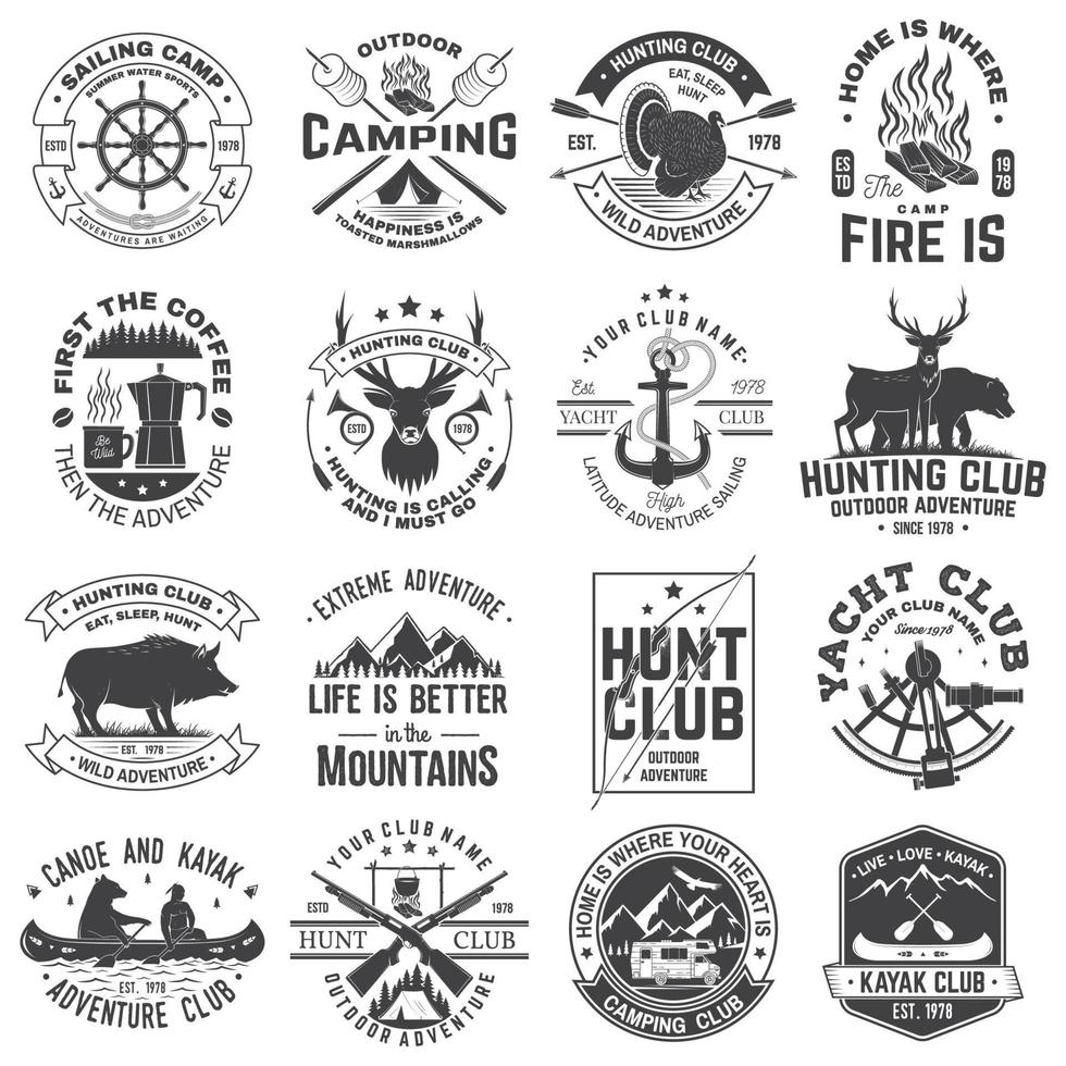 Summer camp, hunting club, sailing camp, yacht club, canoe and kayak club badges. Vector. Concept for shirt or logo, print, patch. Design with camper, kayaker, hunter, sailing camp silhouette vector