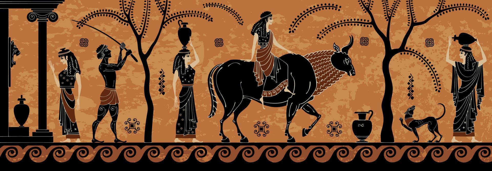 escena del mito antiguo, cerámica de figuras negras. rapto de europa. zeus. vector