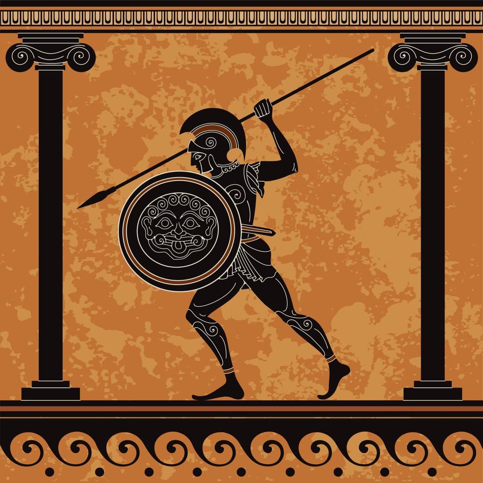 escena del mito antiguo, cerámica de figuras negras, guerrero antiguo y monstruo, vector